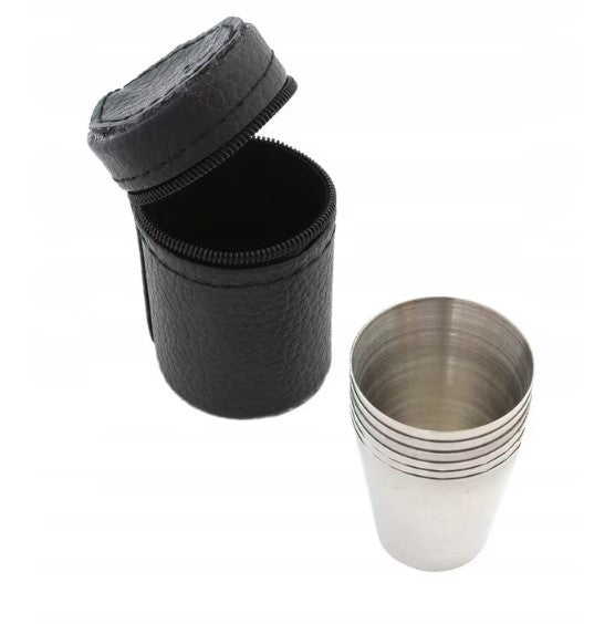 Set 6 pahare shot inox, Zola®, in suport teaca de piele sintetica, 30 ml, argintii Set 6 pahare shot inox, Zola®, in suport teaca de piele sintetica, 30 ml, argintii